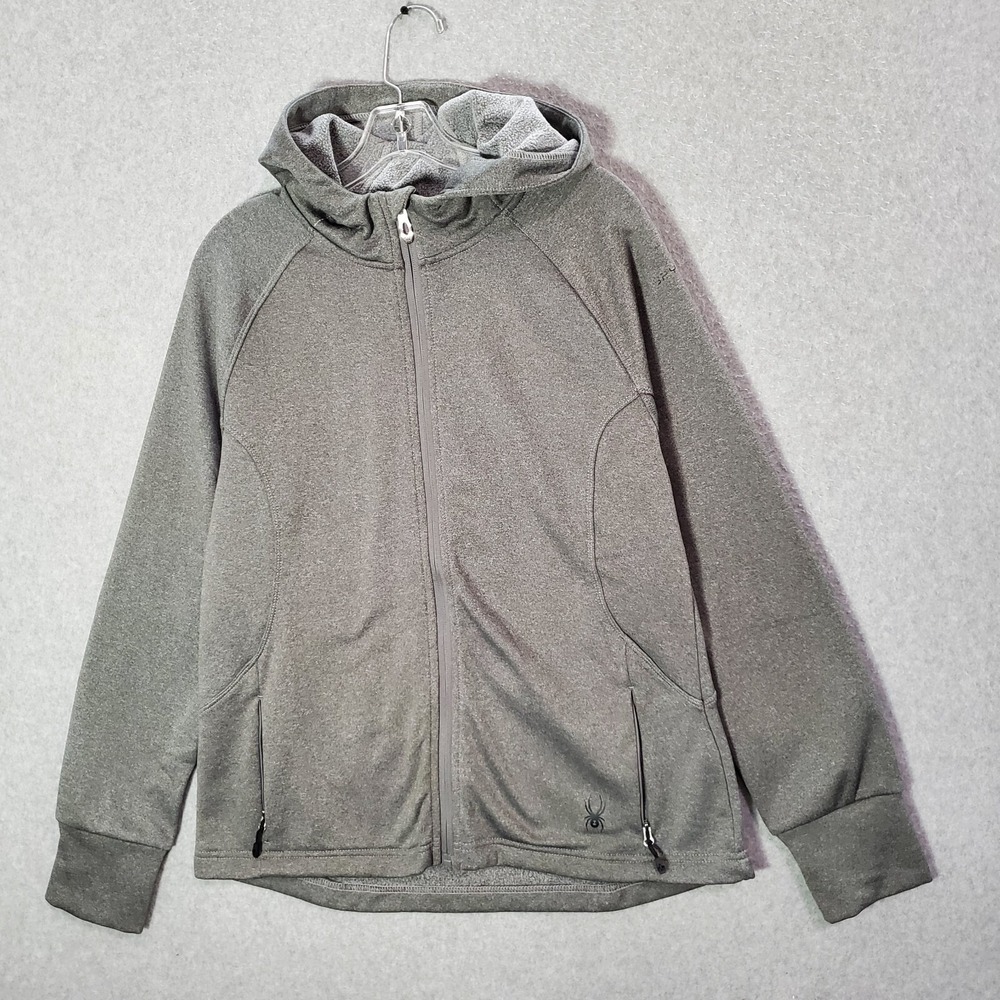 Spyder Men Sweatshirt Large Gray Hoodie Fleece Logo Full Zip Pockets Long Sleeve